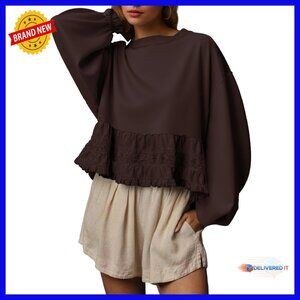 Oversized Crop Sweatshirt with Lace Patchwork & Puff Sleeves